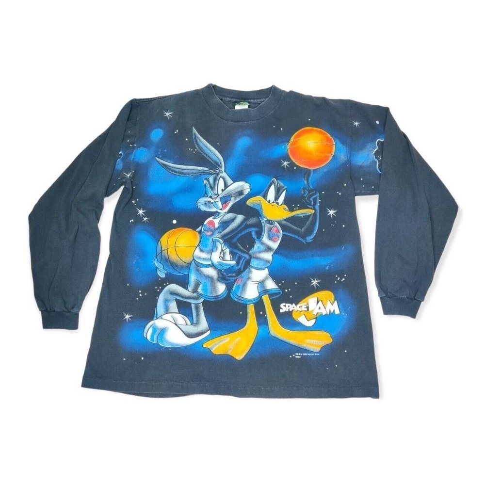 Vintage Space Jam Long Sleeve T-Shirt L 1996 Black Single Stitch Double …